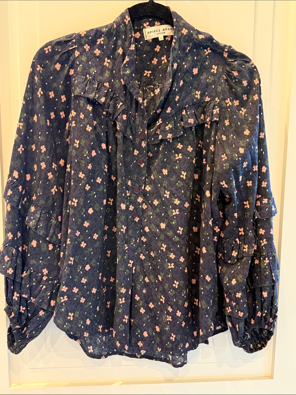 Apiece Apart Navy Floral Ruffle Button-Down Blouse